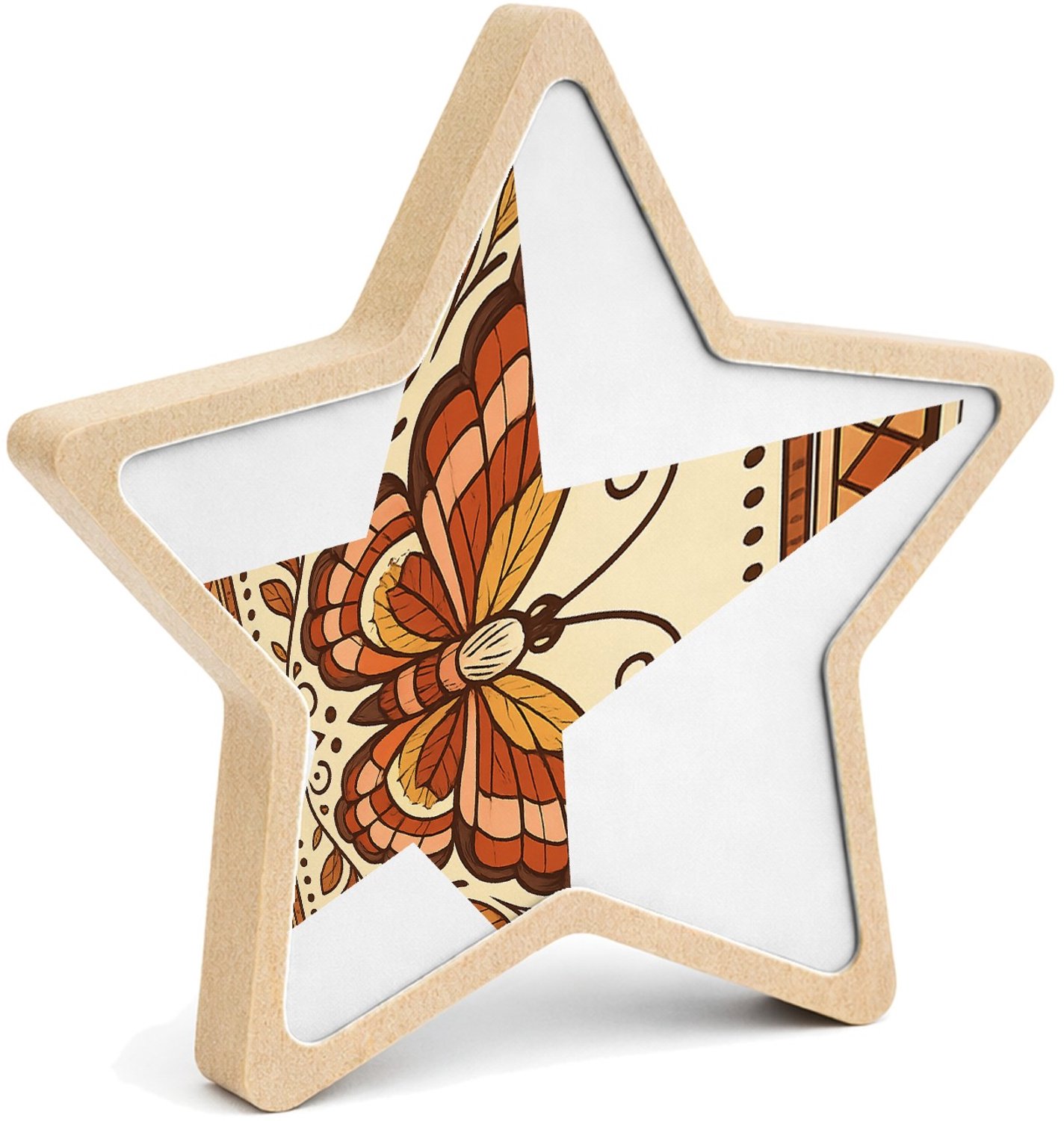 Mr Cadeautjes MDF fotolijst ster 14 x 13,5 - design Een sierlijke vlinderkompositie met gevouwen vleugels, omrin | cadeau Wit