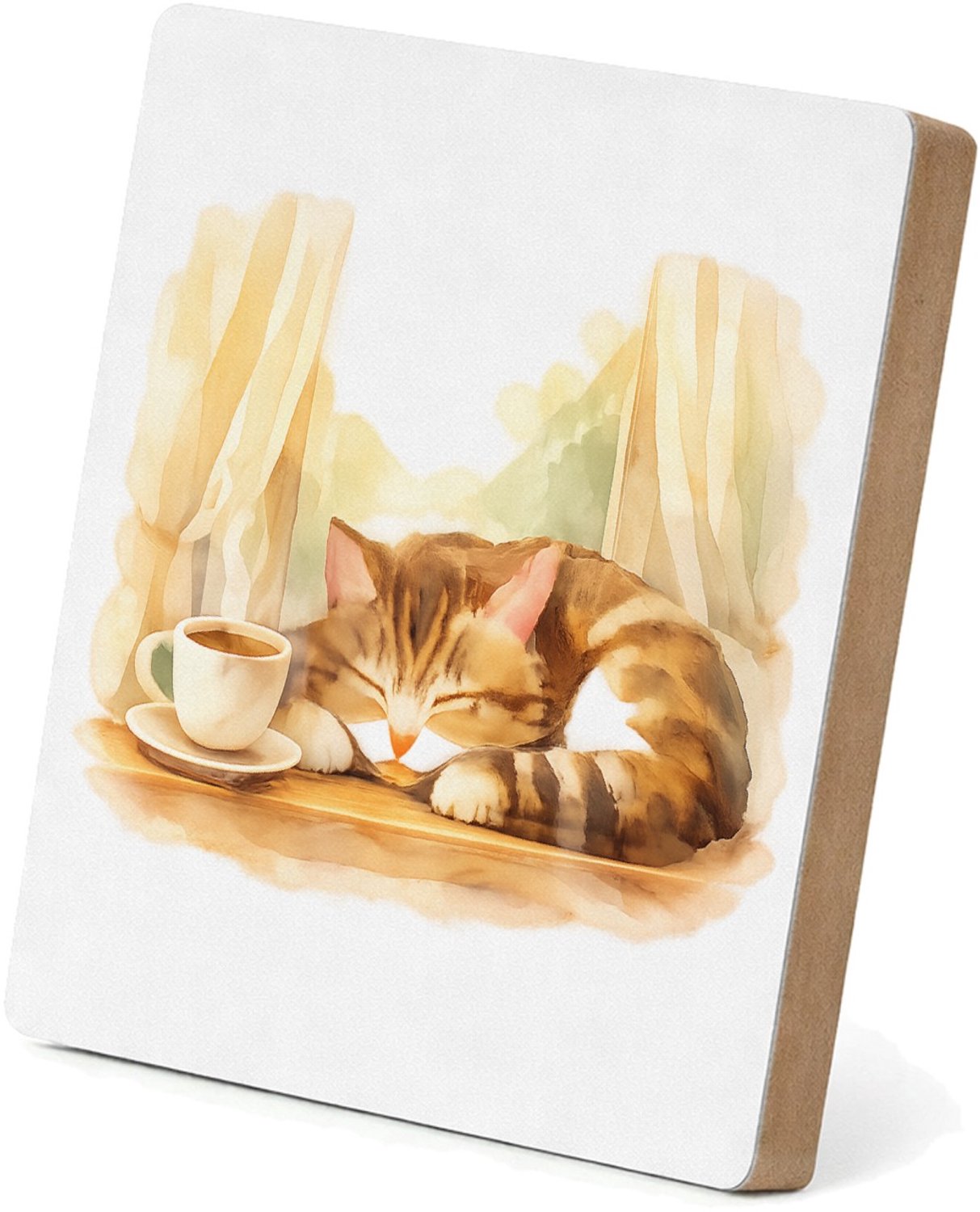 Mr Cadeautjes MDF staande fotolijst 15,2 x 15,2 - design Een slapende kat op een vensterbank met een kopje thee en za | cadeau Wit