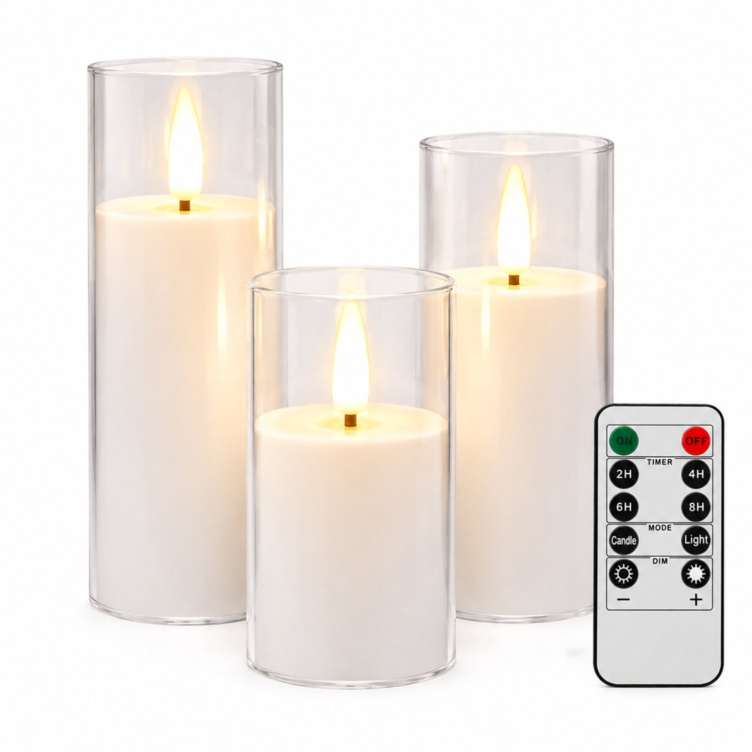 SWGOTA led kaarsen, set van 3 met afstandsbediening, wit met transparante cilindrische kappen en warm vlamvormig licht, voor feestdecoratie
