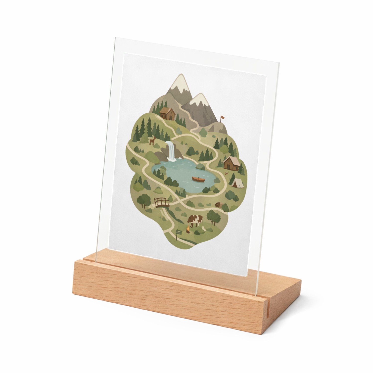 Mr Cadeautjes Glasframe met vaste tekst - design Een gestileerde bergregio met wandelroutes, hutten en kleine | cadeau Wit