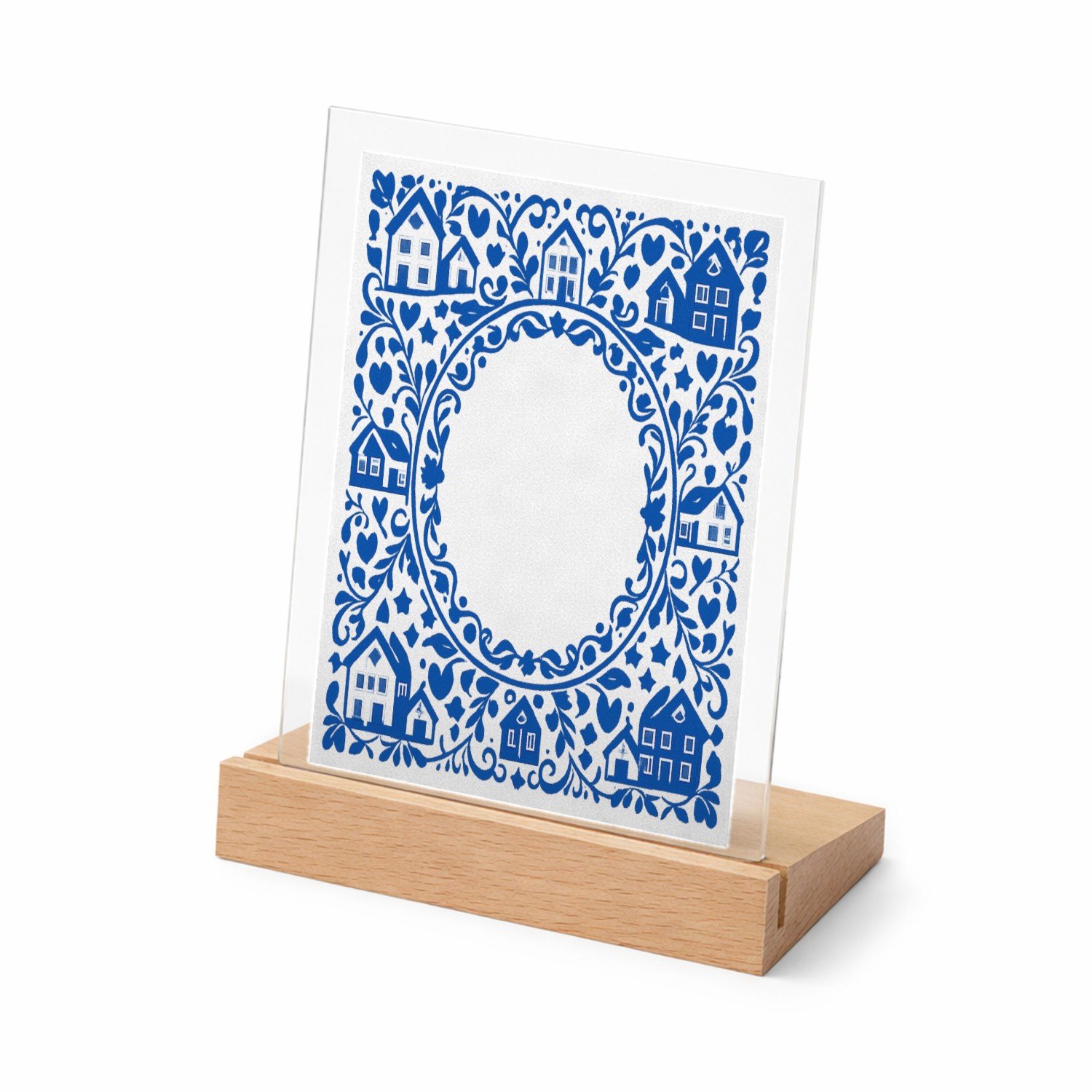 Mr Cadeautjes Glasframe met vaste tekst - design Een klassieke blauw-witte rand met huiselijke symbolen en ee | cadeau