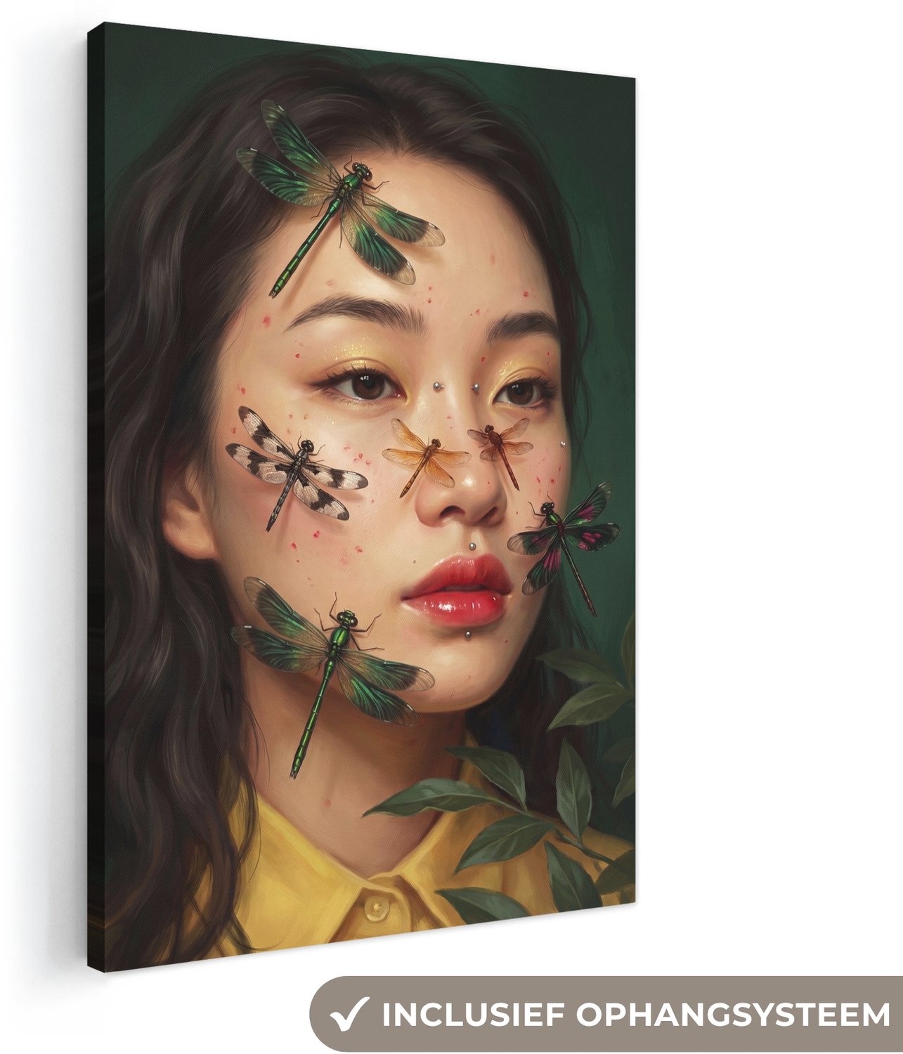 Canvas schilderij 60x90 cm - Exclusieve wanddecoratie Vrouw - Insecten - Natuur - Portret - Groen - Muurdecoratie woonkamer - Slaapkamer decoratie - Kamer accessoires - Schilderijen op canvas