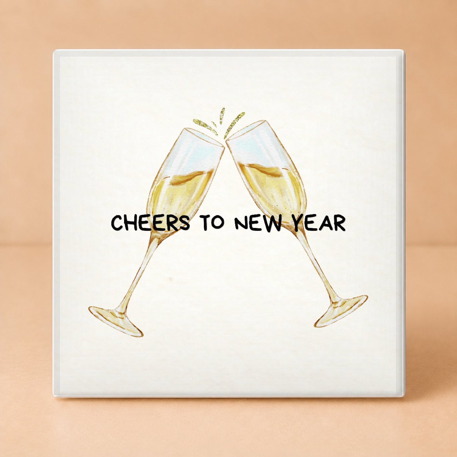 Bedruk King Feestelijke 'Cheers to New Year' Tegel – Decoratieve Nieuwjaarstegel met Champagneglazen voor Oud en Nieuw Fans - 15 x 15 cm Wit