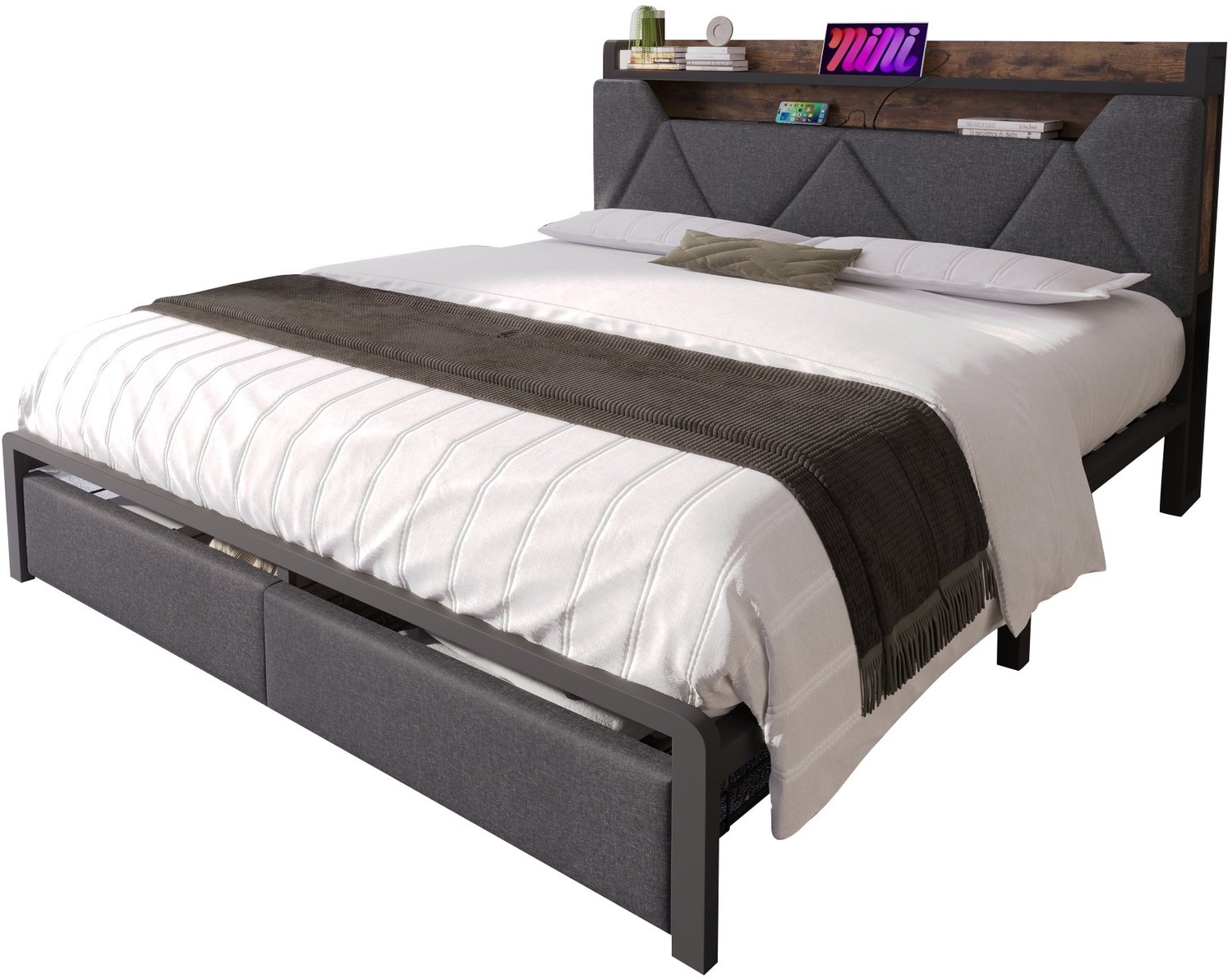 MUVANO Bedframe 140x200 cm - tweepersoonsbed met opbergruimte, USB-C aansluiting en LED-verlichting - linnen hoofdbord, metalen lattenbodem, grijs