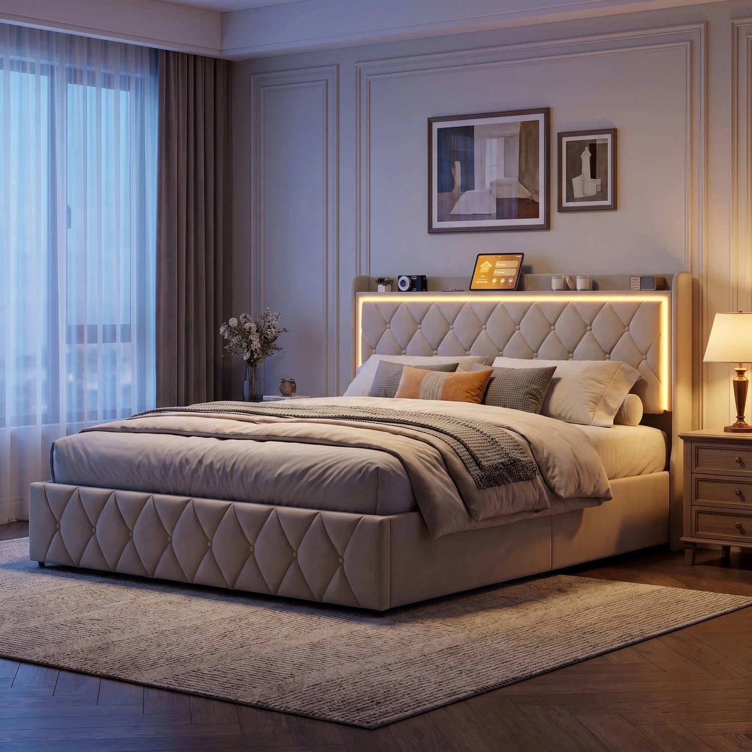 MEXUS Gestoffeerd Bed 160x200 met LED en USB & Type-C – Opbergbed met Hydraulische Lift en Lattenbodem – Tweepersoonsbed - Fluwelen Beige – Zonder Matras