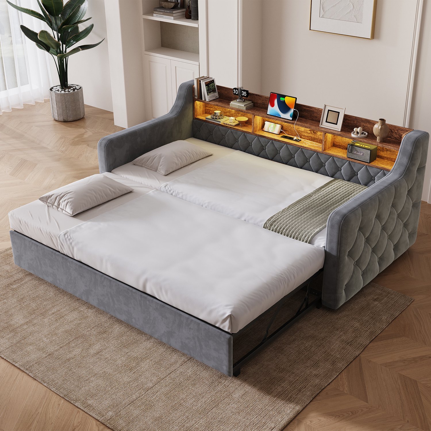 Clruro Gestoffeerde Bank - 90x190 cm - met Uitschuifbed - Opberghoofdbord, LED en USB-C - Velvet - Donkergrijs