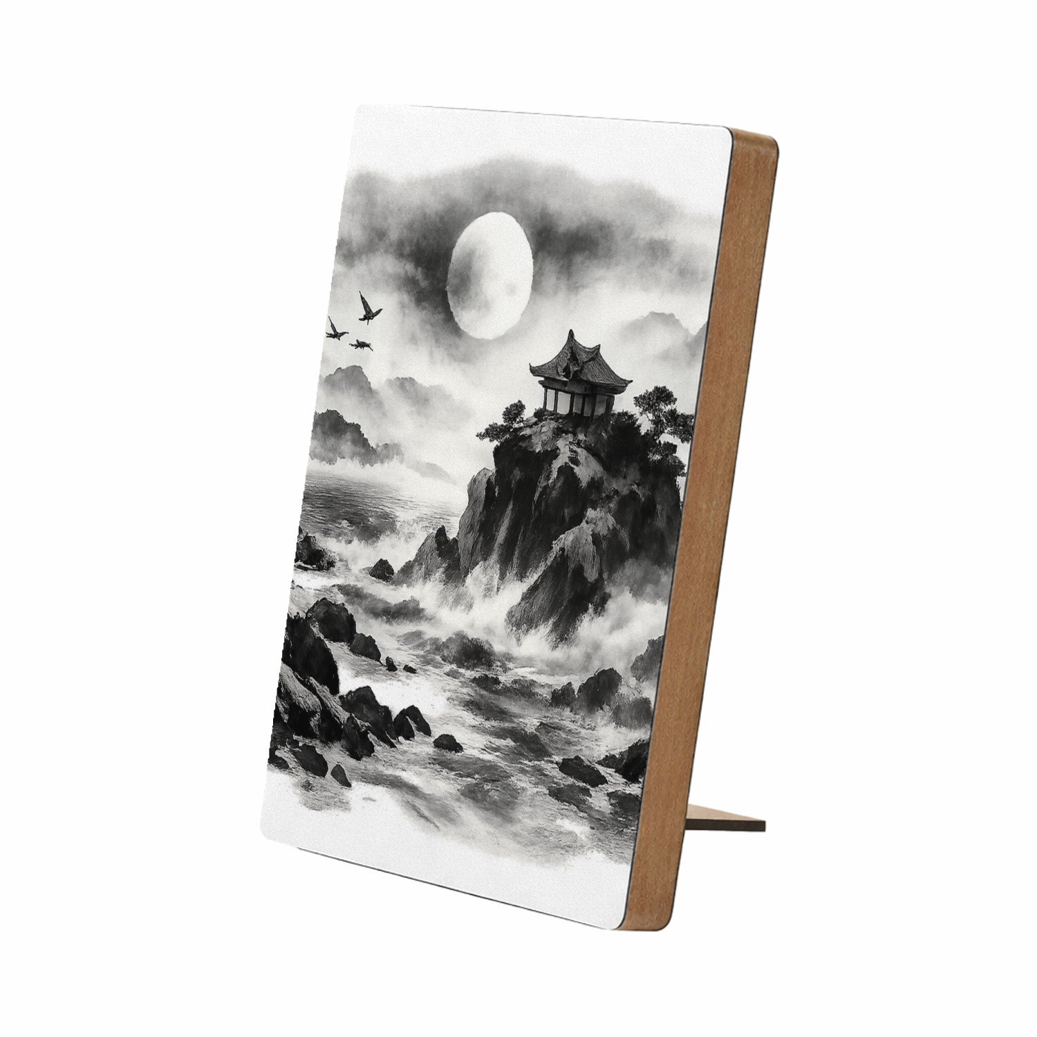 Mr Cadeautjes Glasframe/MDF 12,7 x 17,8 - design Nachtelijk kustpanorama met rotsen, maan, golven en een klei | cadeau Wit