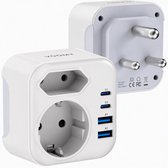 Voomy Reisstekker Zuid Afrika - Wereldstekker Type M - Geschikt voor Zuid-Afrika, India, Nepal, Maleisie, Namibie, Sri Lanka, Singapore - 2x Stopcontact - 2x Usb-C & 2x Usb-A - Wit