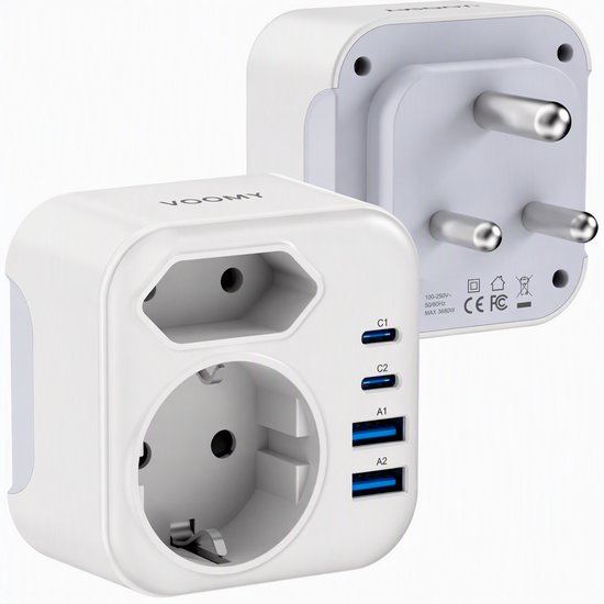 Witte Voomy reisadapter met 2 stopcontacten, 2 USB-C en 2 USB-A poorten, geschikt voor type M stopcontacten.
