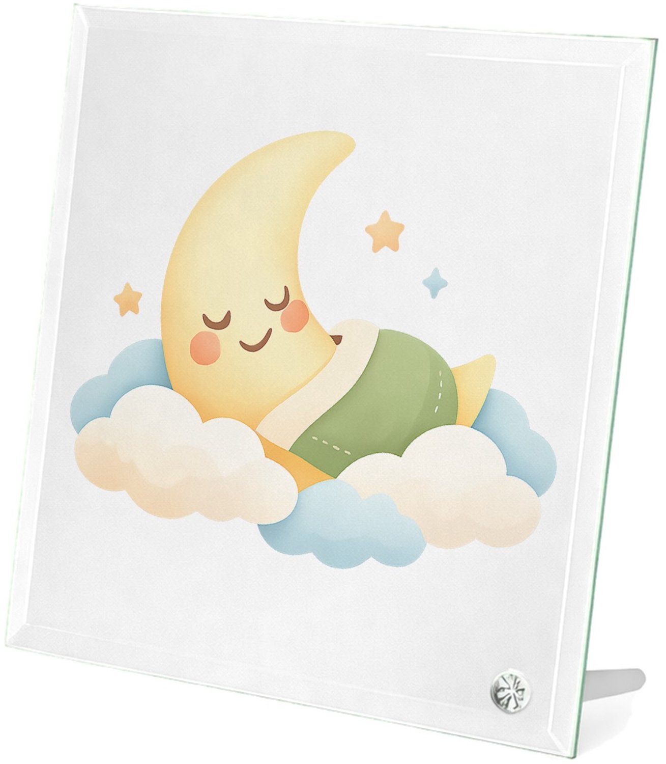 Mr Cadeautjes Glasframe 20 x 20 - design Een zachte babykamer-sfeer met een slapende maan en wolkjes | cadeau Wit
