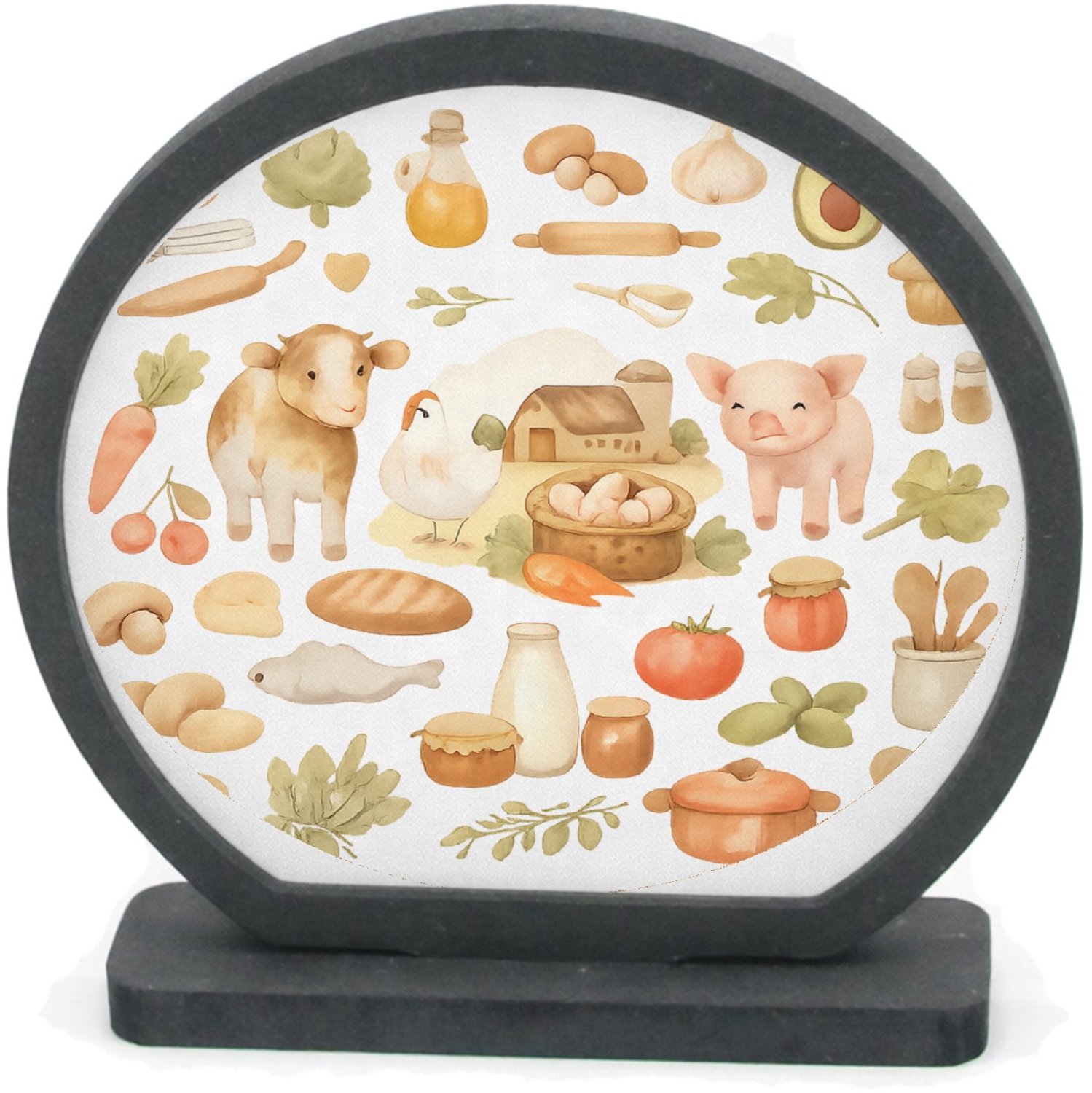 Mr Cadeautjes Houten fotolijst rond met MDF inleg - design Keukenalfabet met fruit, groenten en bakgerei | cadeau Wit