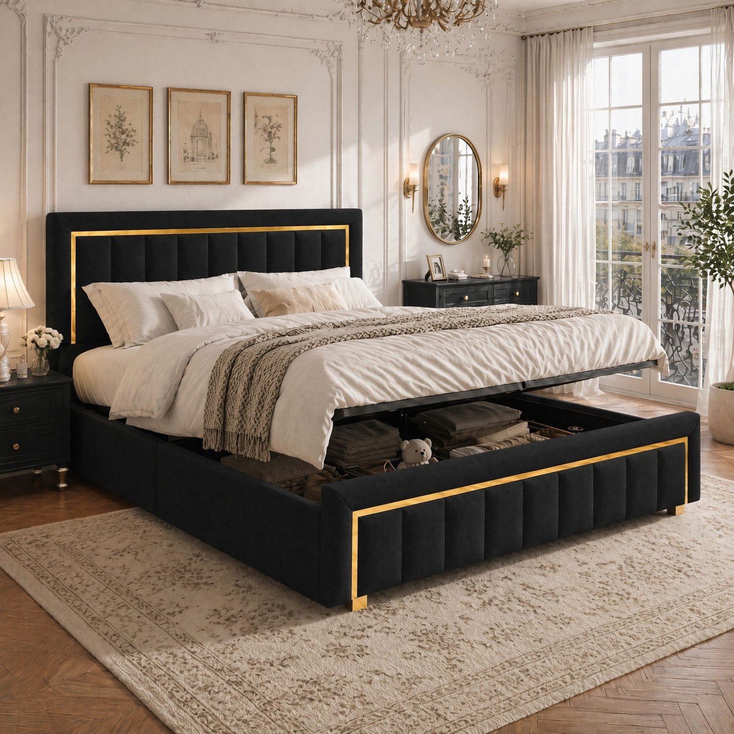 Mofor Gestoffeerd opbergbed 140x200 cm met hydraulische opbergruimte en lattenbodem - tweepersoonsbed met fluwelen bekleding - zwart - luxe design