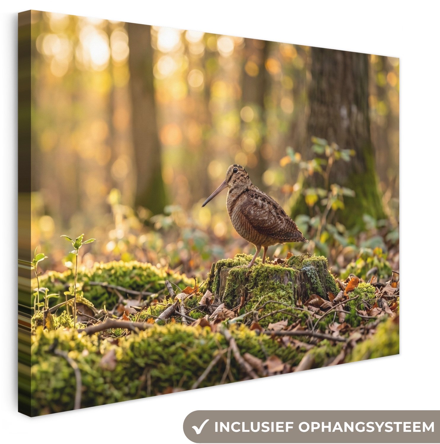 Canvas schilderij 40x30 cm - Exclusieve wanddecoratie Houtsnip - Bos - Bladeren - Herfst - Gecamoufleerd - Muurdecoratie woonkamer - Slaapkamer decoratie - Kamer accessoires - Schilderijen op canvas