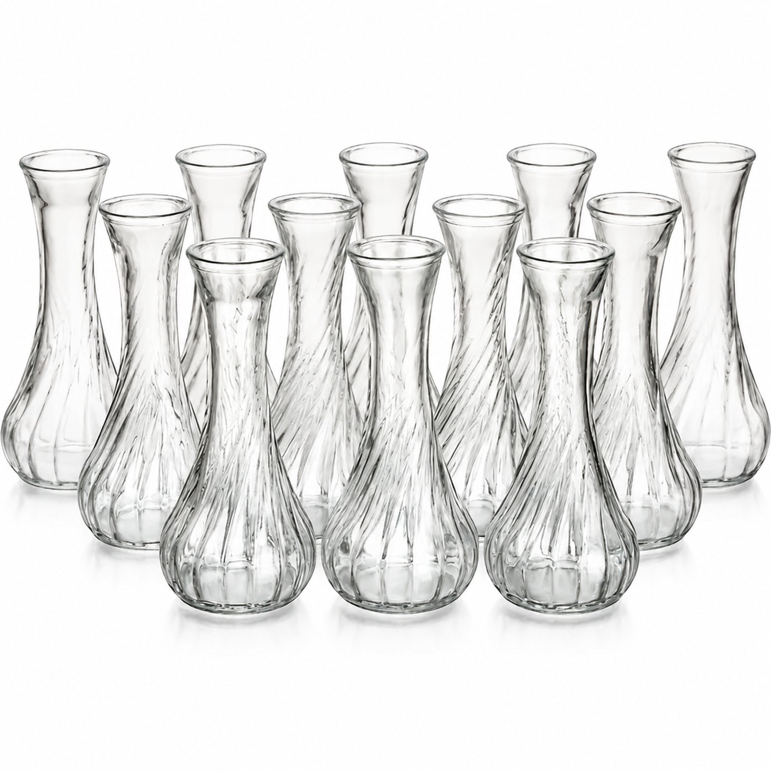 SWGOTA Set van 12 kleine transparante glazen vazen met spiraalreliëf, smalle hals en uitlopende opening, voor kunstbloemen, in kartonnen doos