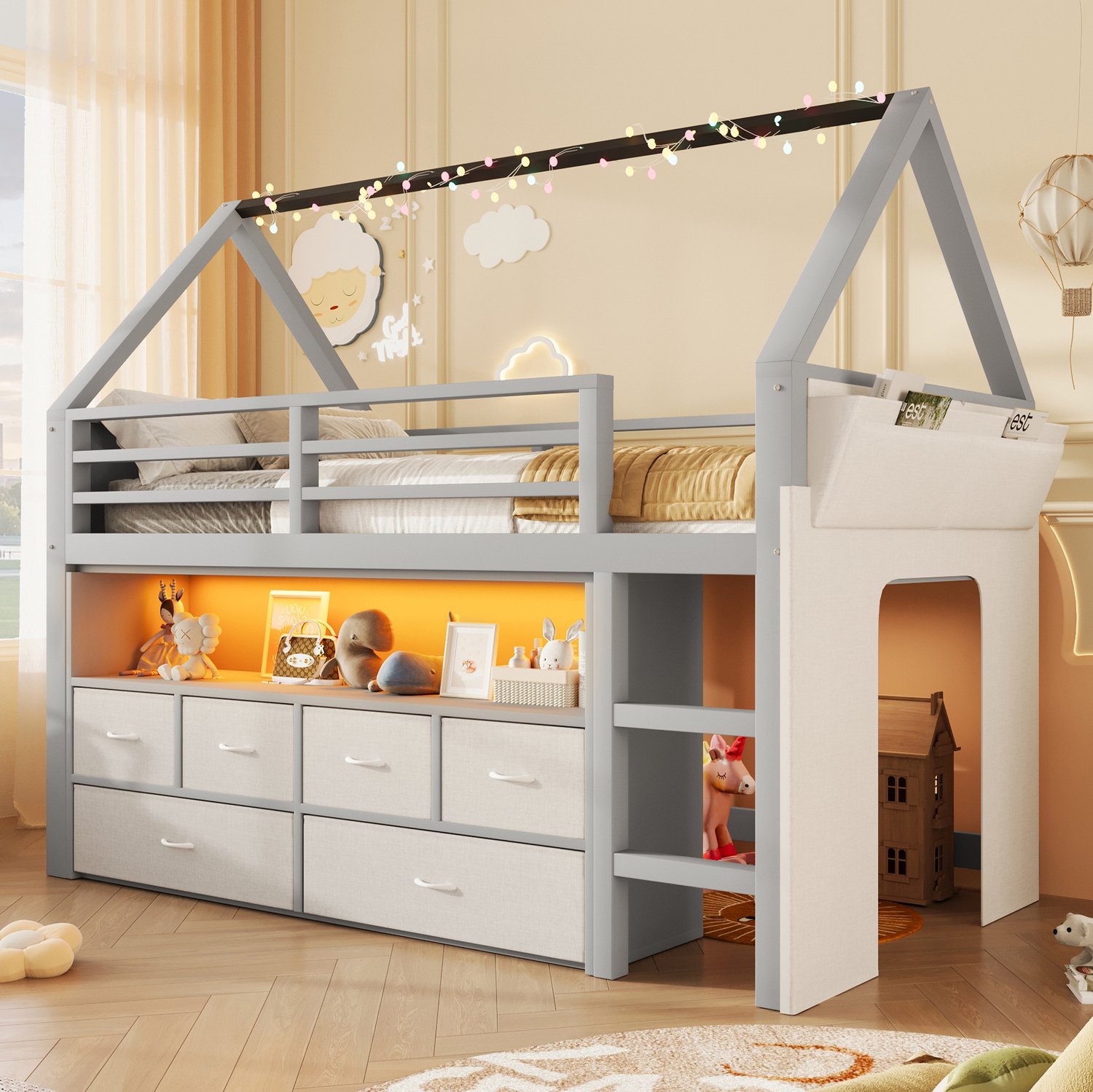 MIVRAY Hoogslaper 90x200cm - Huisbed met Ledlichtsnoer - Matras Niet Vermeld - Zes Stoffen Laden voor de Kinderkamer - MDF en Hout - Grijs