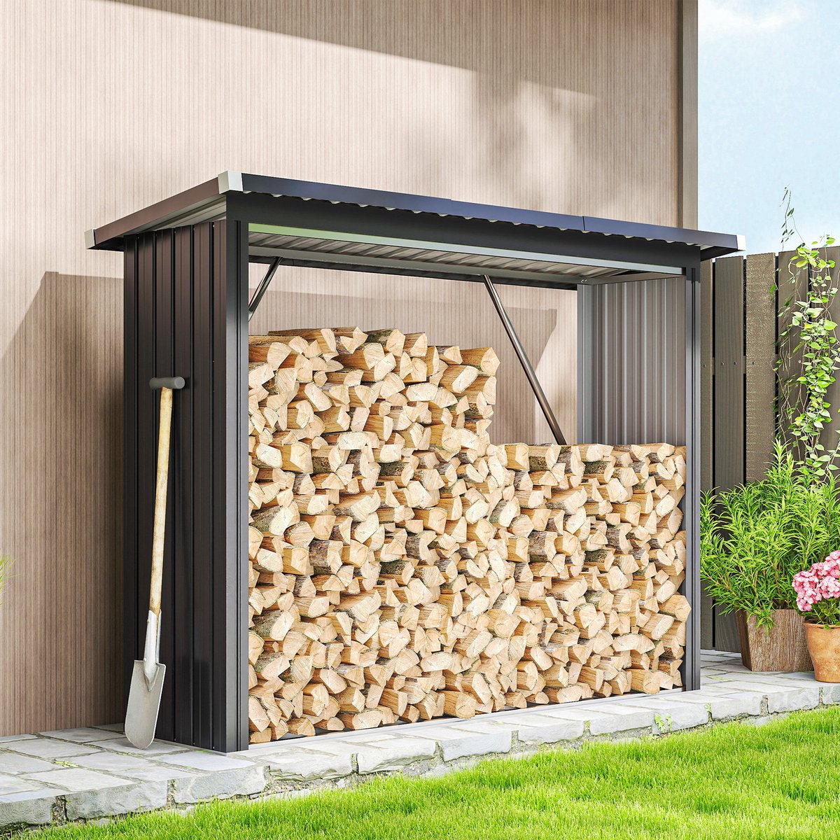 Houtopslag Buiten Grijs - Haardhoutberging Gegalvaniseerd Staal - Grote Houtopslag 213x66,5x150cm - Hout Droog Houden - Voor Tuin En Terras