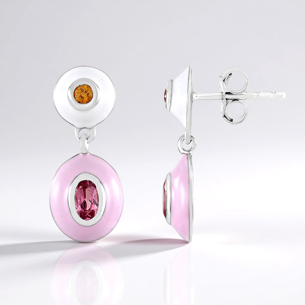 Cavill - Oorbellen 925 Sterling Zilver Platina Coating - Roze Toermalijn 0,40 ct & Oranje Saffier 0,16 ct - Modern Elegant Edelsteen