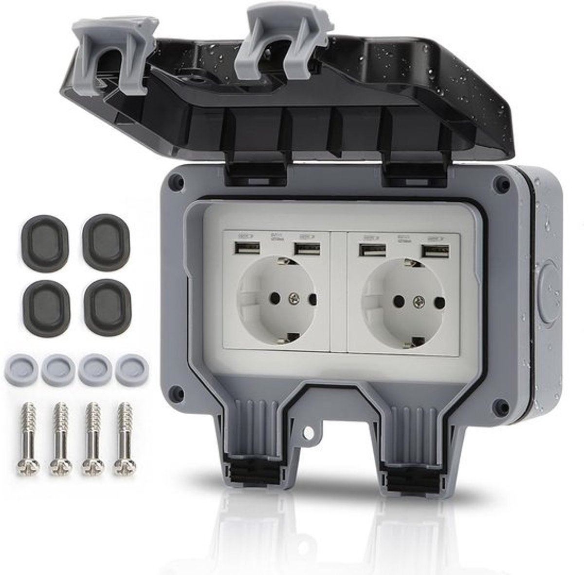 Buitenstopcontact met USB - Waterdicht Wandcontactdoos - Tuin en Werk - Dubbele USB Poorten - 16 Ampère - Grijs