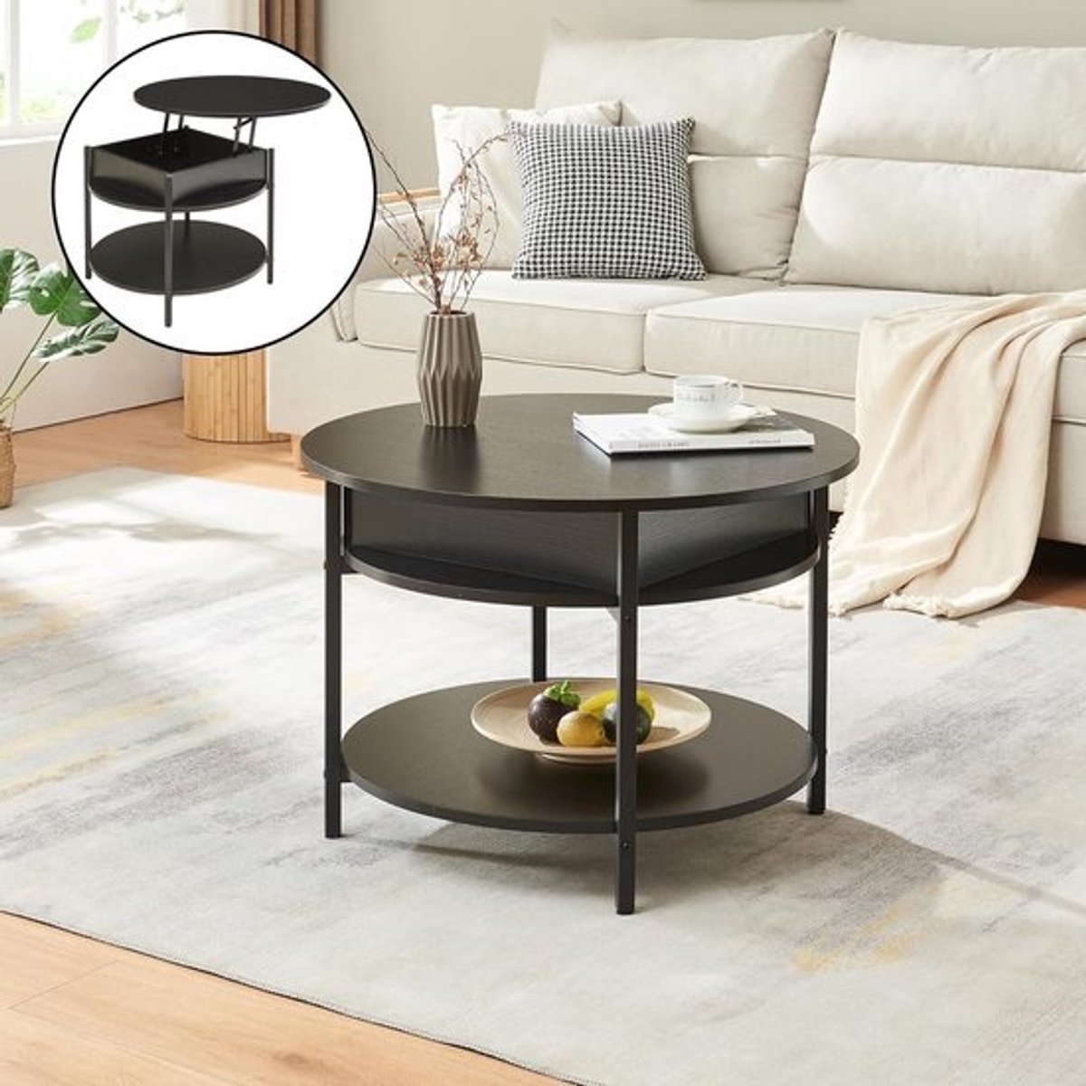 Ronde salontafel met hefblad en opbergruimte Ø70 cm