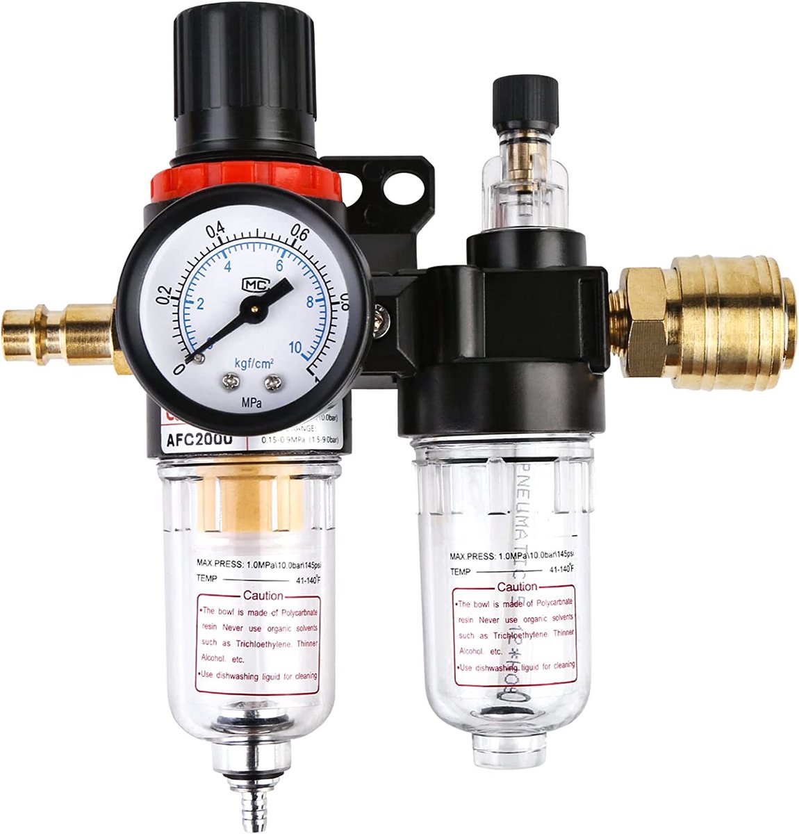 1/4-inch perslucht onderhoudsunit - drukregelaar, olie-waterafscheider en compressorfilter - met koperen aansluitingen