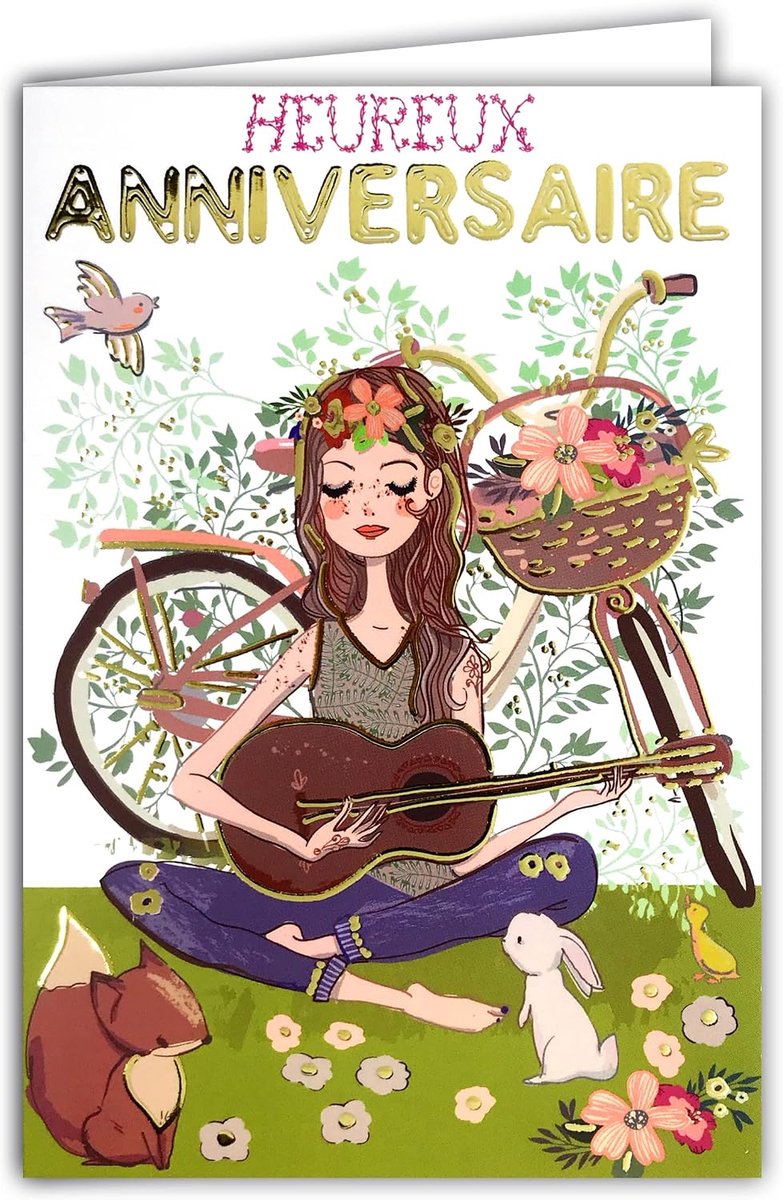 Verjaardagskaart goud goud jong meisje vrouw bohemian hippie chic roze bloemen fiets gitaar muziek dieren gemaakt in Frankrijk 67-1121