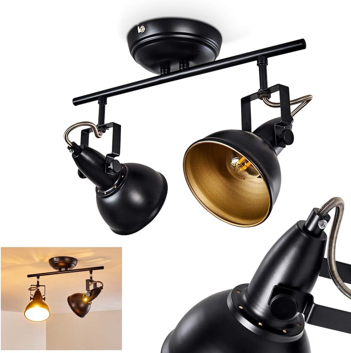 Plafondlamp Tina, metalen plafondlamp in zwart/goud, 2-lichts, met verstelbare spots, 2 x E14-fitting, retro/vintage design spot, zonder gloeilampen