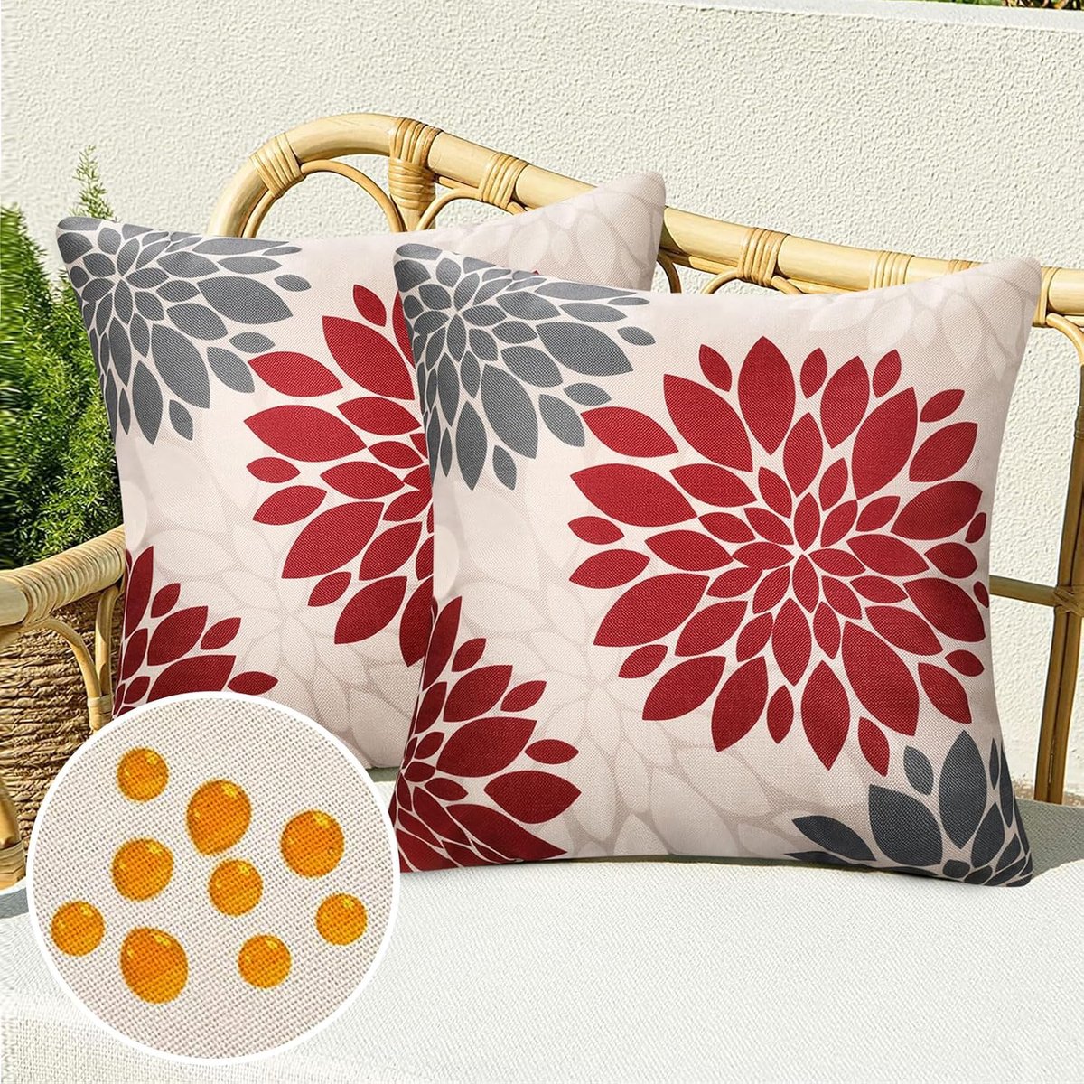 Kussensloop, waterdicht, 45 x 45 cm, decoratief kussen, rood en grijs, dahlia, boho, lente, zomer, linnen, waterdicht, sierkussen, sofakussen, decoratief voor woonkamer, slaapkamer, bank,