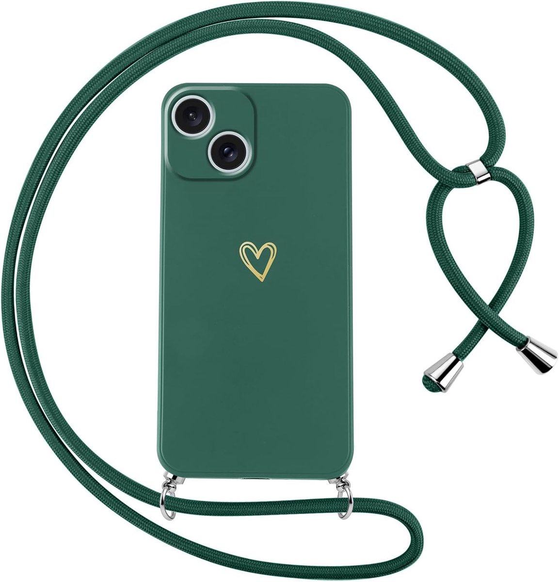 Beschermhoesje voor iPhone 15 met omhangkoord, zachte siliconen hoes met hartpatroon en halsketting, schouderriem, schokbestendig, krasbestendig, verstelbare halsketting, beschermhoes, groen