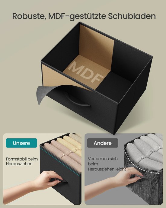 Detail van een opbergdoos voor een dressoir met MDF-versteviging. Vergelijkt een stevige lade met een die licht doorzakt.