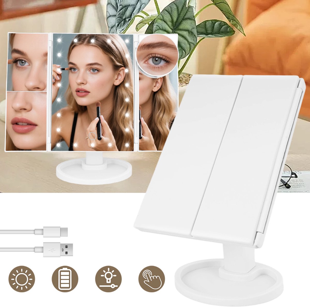 Aanraakbediening Make-upspiegel Met 21 LED's En 3-Voudige Vergroting - Traploos Dimbaar, 2x/3x/10x, Draaibare Kop, USB-Oplaadbaar - Voor Thuis, Kantoor En Reizen