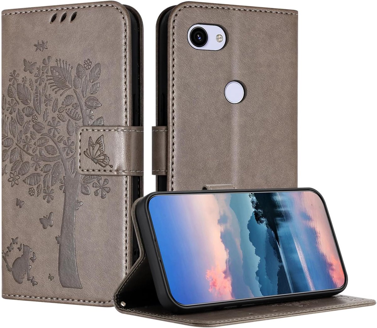 Hoes voor Google Pixel 3A XL, PU-leren portemonneehoes met reliëf met kaartenvak en magneetsluiting standfunctie hoesje compatibel met Google 3A XL - Grijs