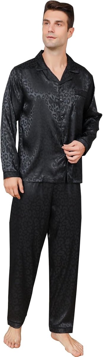 Pyjamaset met lange mouwen, zijdeachtige pyjama, premium nachtkleding met knoopsluiting, meerkleurig, zijdeachtige pyjamaset voor heren