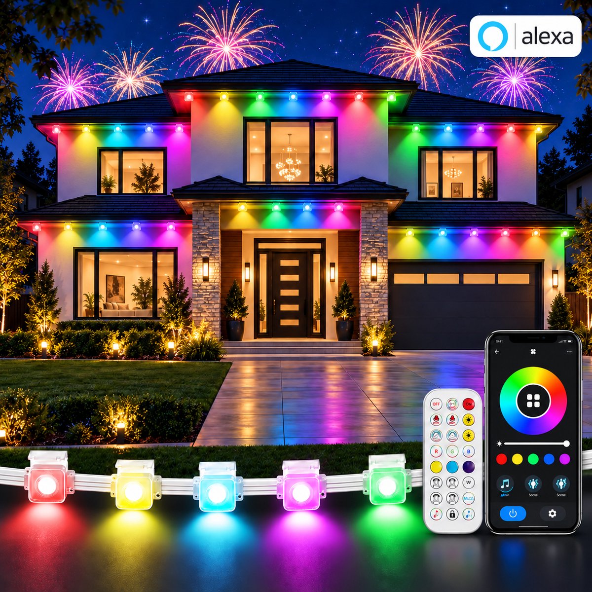 MUPOO Slimme WiFi LED Strip Buiten IP65 RGBIC - Lichtsnoer,Lichtketting & Feestverlichting - App, Alexa, Google Assistant & Muzieksync - Dakrandverlichting -Tuinverlichting voor Gevel, Overkapping en BBQ - 30 m