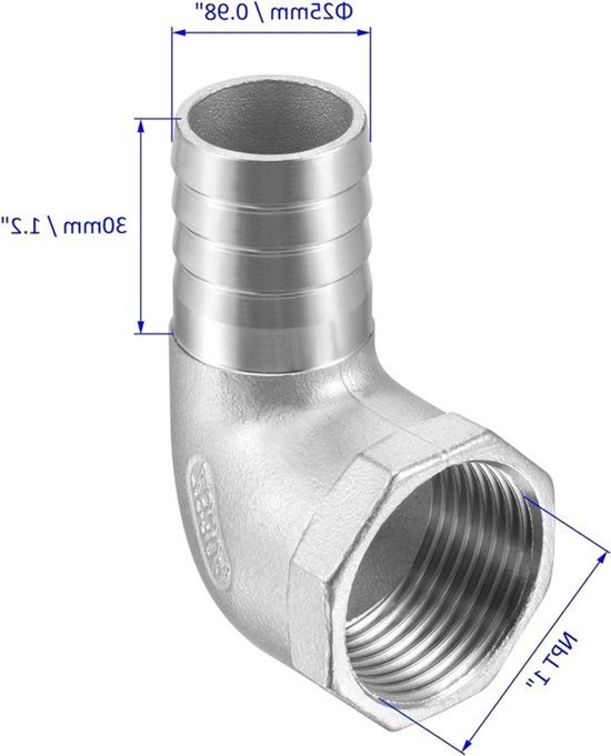 90 Graden Loodrechte Slangverbinder - RVS 25mm Pijpconnector voor Water en Brandstof (1" NPT Vrouwelijke Aansluiting) — afbeelding 2