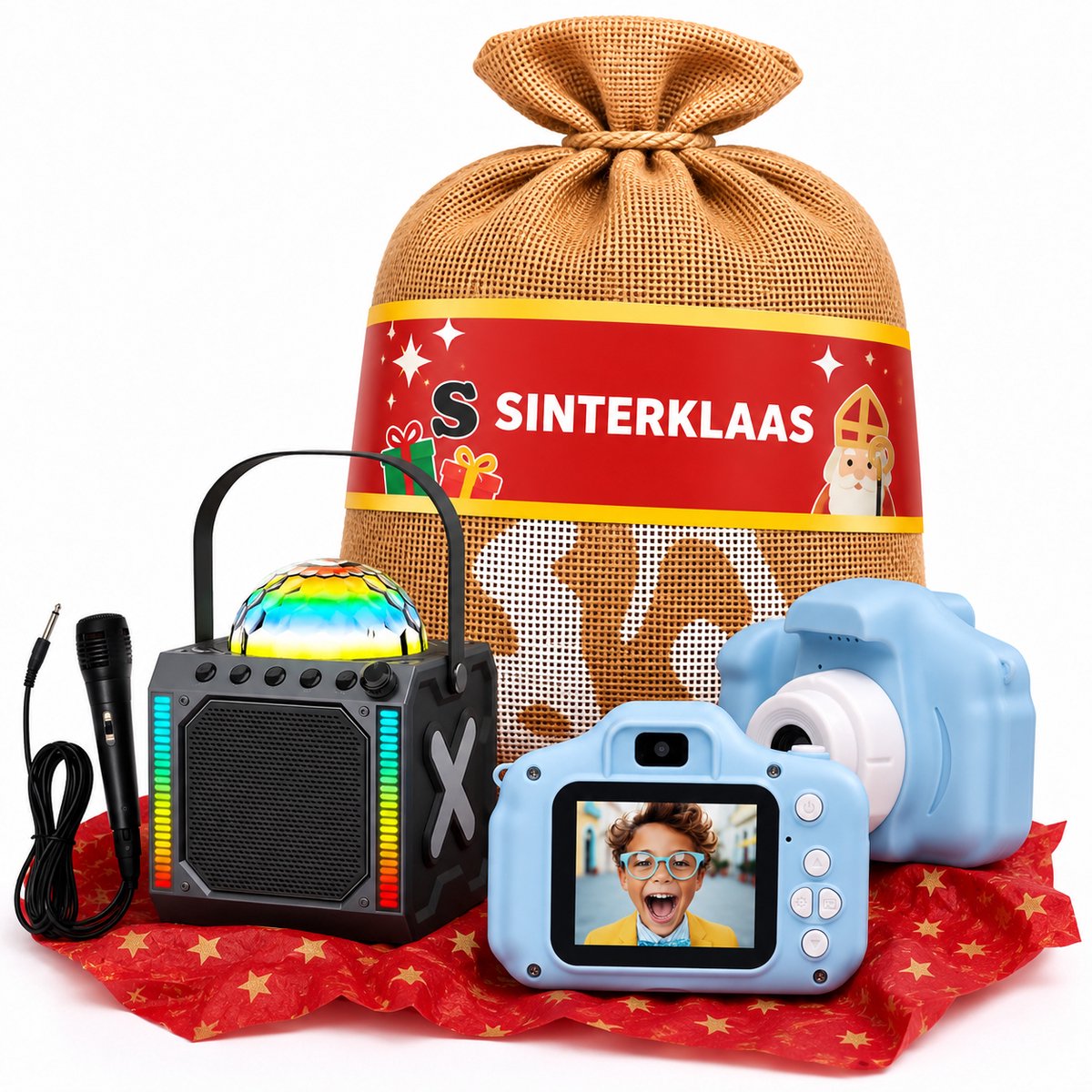 Sinterklaas Zak + Cadeautjes Kind Cadeau - Kindercamera Full HD - Selfie Camera + Karaoke Set met Microfoon - Digitale Camera Kinderen - Foto en Video - Spelletjes - Cadeau Kind 4 5 6 7 8 9 10 jaar Jongen Meisje