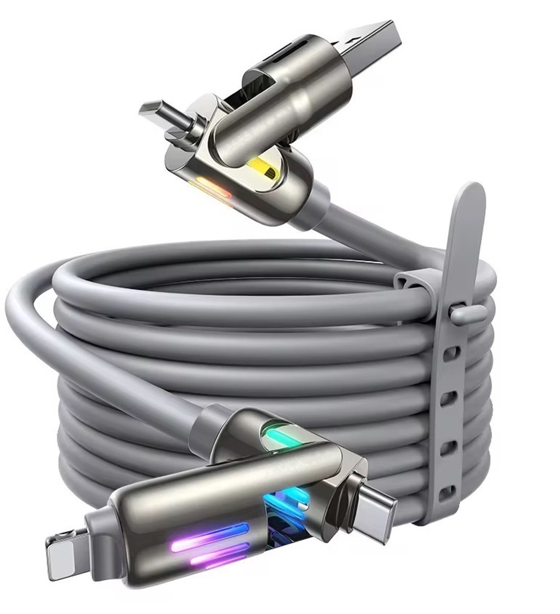 Casalora 240W 4-in-1 Oplaadkabel – 2 m Grijs – USB-A & USB-C naar USB-C / Lightning – Multifunctionele Snellaadkabel met Indicatorlampje – Geschikt voor iPhone,Samsung