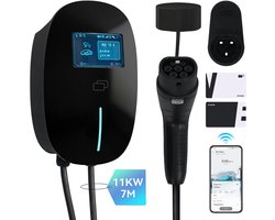 Puluomis - Wallbox EV Charger 11 kW - Smartcharge laadpaal met app - 7 meter kabel - Type 2 - 3-fase - 6–16A instelbaar - Zwart