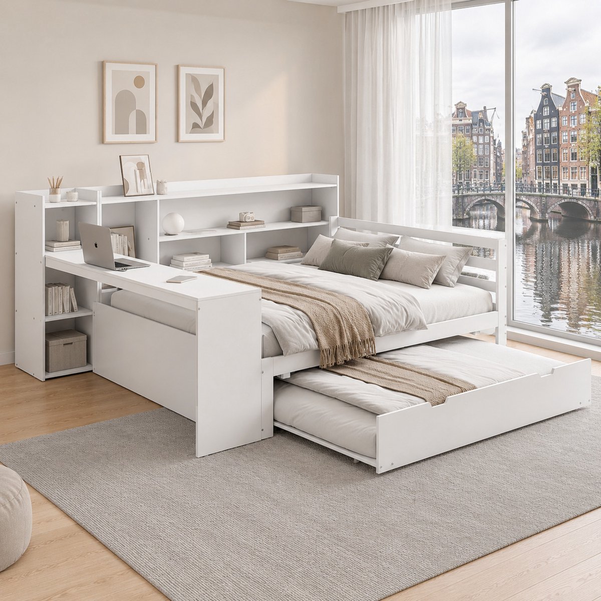 WUVRIE Slaapbank 140x200 cm met bureau, boekenkast, opbergruimte en uitrolbed, wit