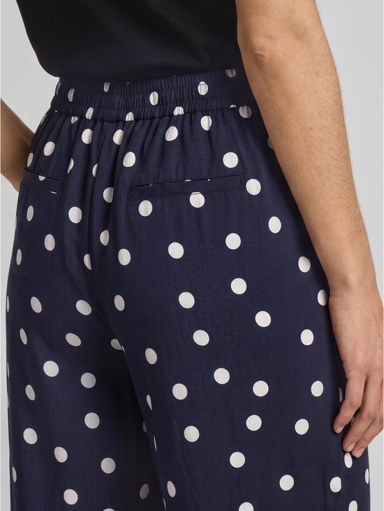 Detail van de achterkant van een marineblauwe culotte met witte polkadotprint, twee paspelzakken en elastische tailleband.