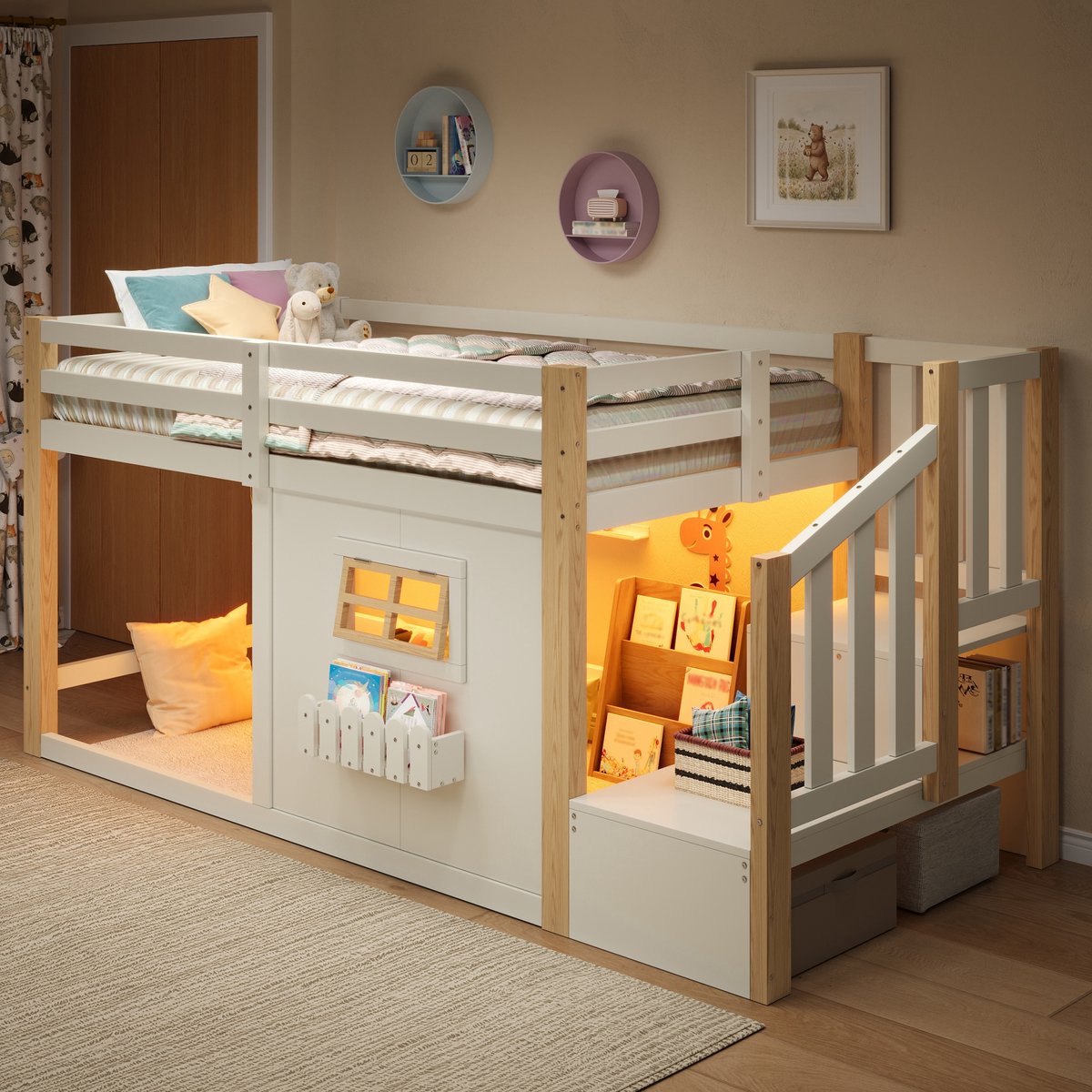Kinderbed, Hoogslaper, 90 x 200 cm, grenenhout, venster, opbergladder, LED-lichtstrip, zonder matras, naturel + wit