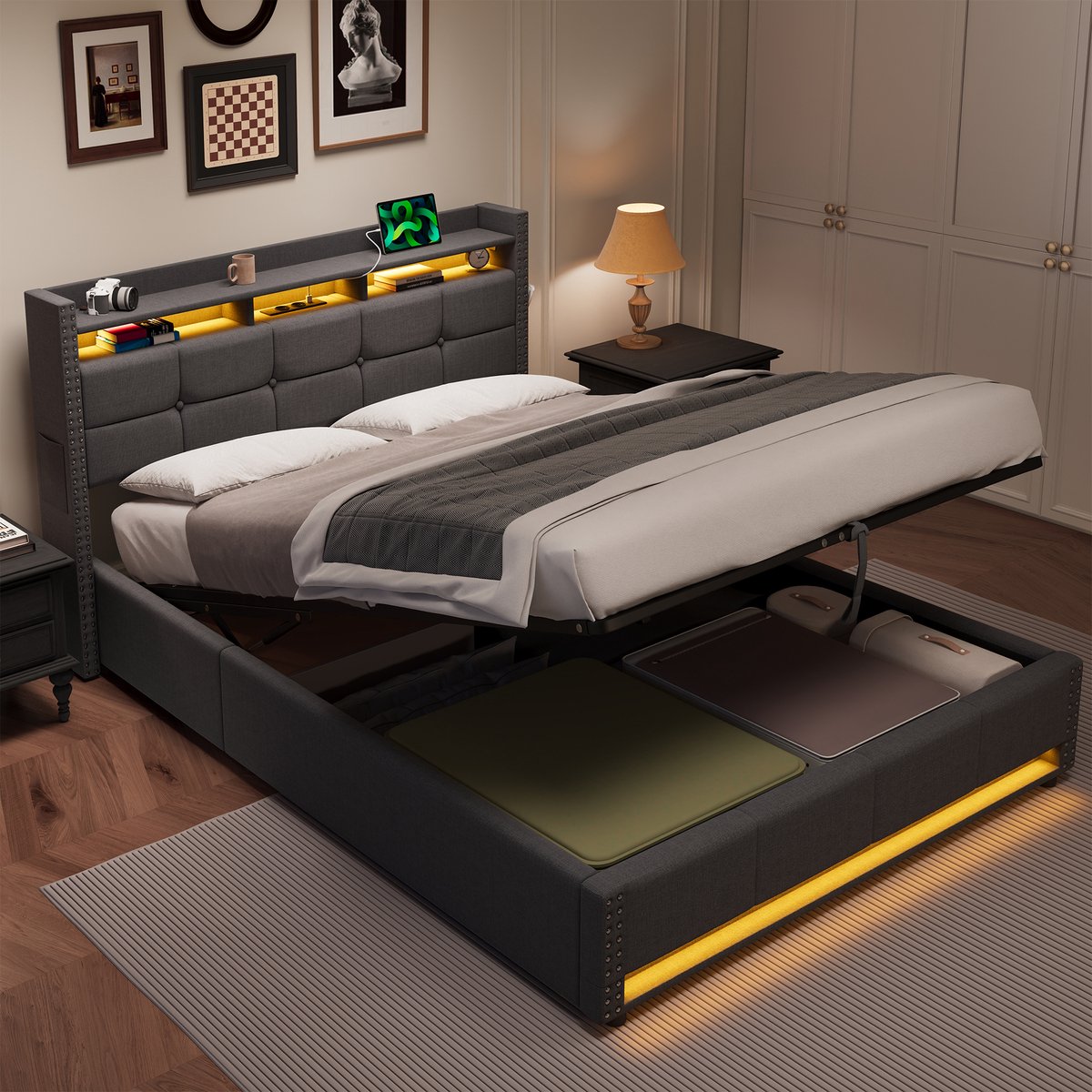 DESMIU Gestoffeerd Bed 140x200cm – LED Hoofdbord Met Laadfunctie – Hydraulische Opbergruimte – Slaapkamer – Linnenlook – Donkergrijs – Zonder Matras