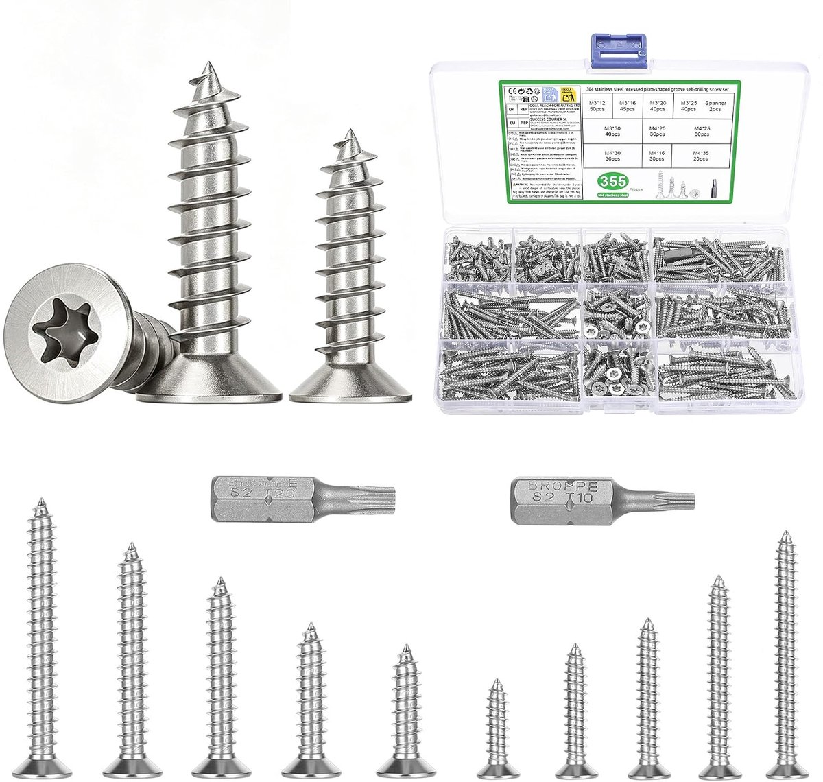 355 stuks, roestvrijstalen houtschroeven, spaanplaatschroeven, platte kopschroeven, verzonken kopschroeven, plaatschroeven, zelftappende schroeven, set