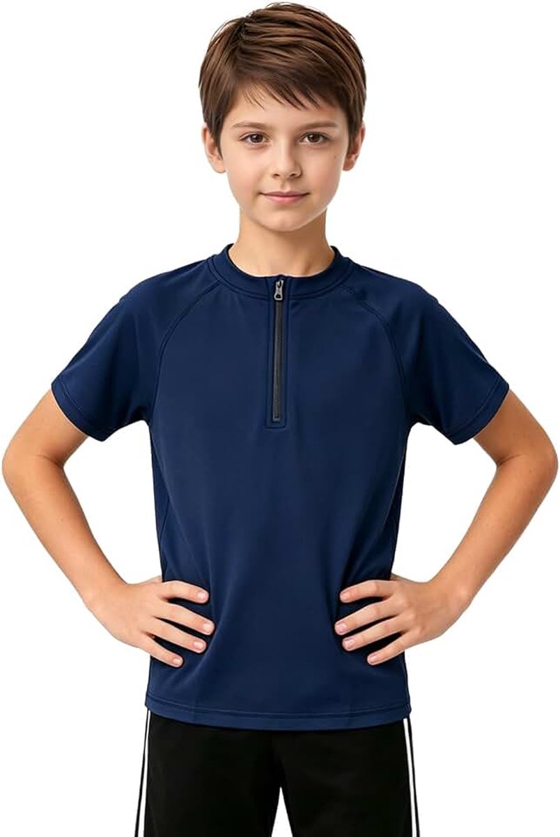 Uv-shirt voor kinderen, jongens, korte mouwen, met 1/4 ritssluiting, sneldrogend, UPF 50+, zwemshirt voor surfen, strand
