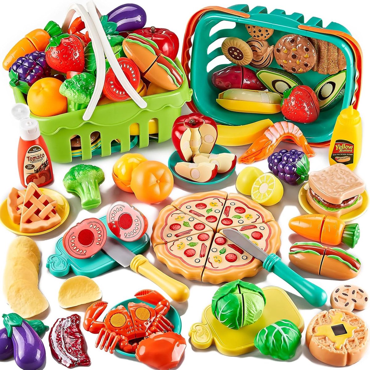 85-delige Pretend Play Voedselsets voor Kinderkeuken, Snijspeelgoed met 2 Manden, Speelkeuken Accessoires voor Peuters, Kunstvoedsel met Pizza Groenten Fruit, Keukenspeelgoed voor Kinderen, Cadeau