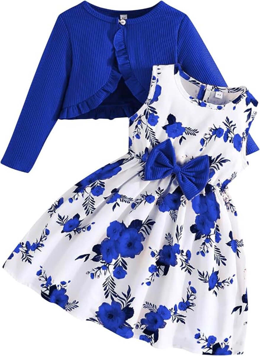 Jurk voor meisjes met cardiganset, bloemenjurk, mouwloos, met ruches, lange mouwen