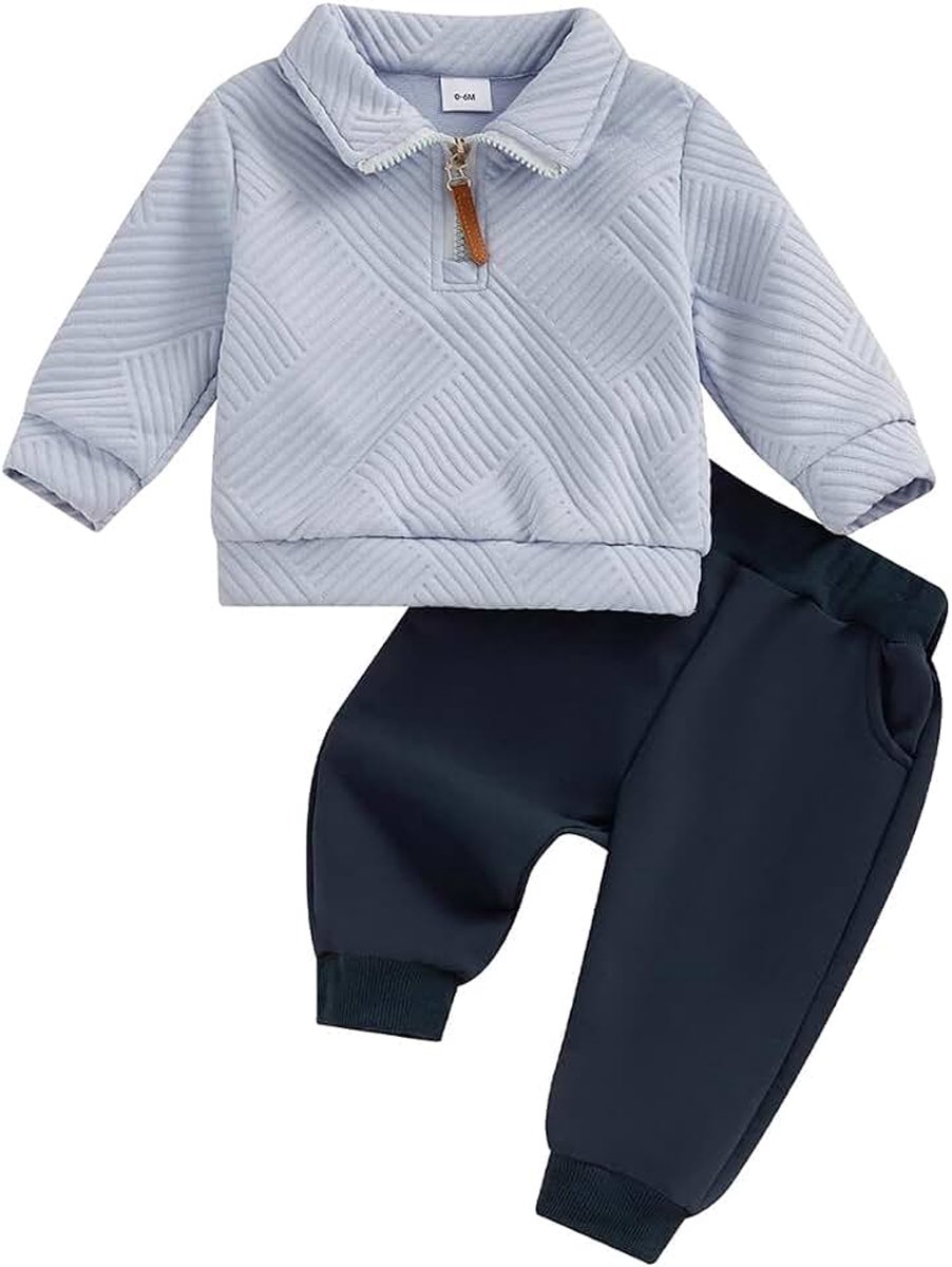 Kleding voor peuters, babyjongens, outfits met lange mouwen, omslagkraag, eenkleurig/geruit, sweatshirt en broek, 2-delig, voor herfst en winter