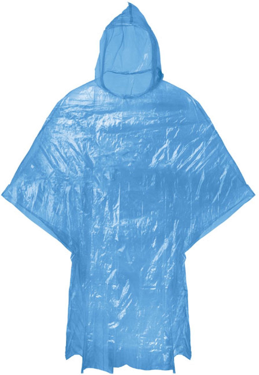 10 pack Opvouwbare kunststof poncho met capuchon, verpakt in een transparante polybag Blauw