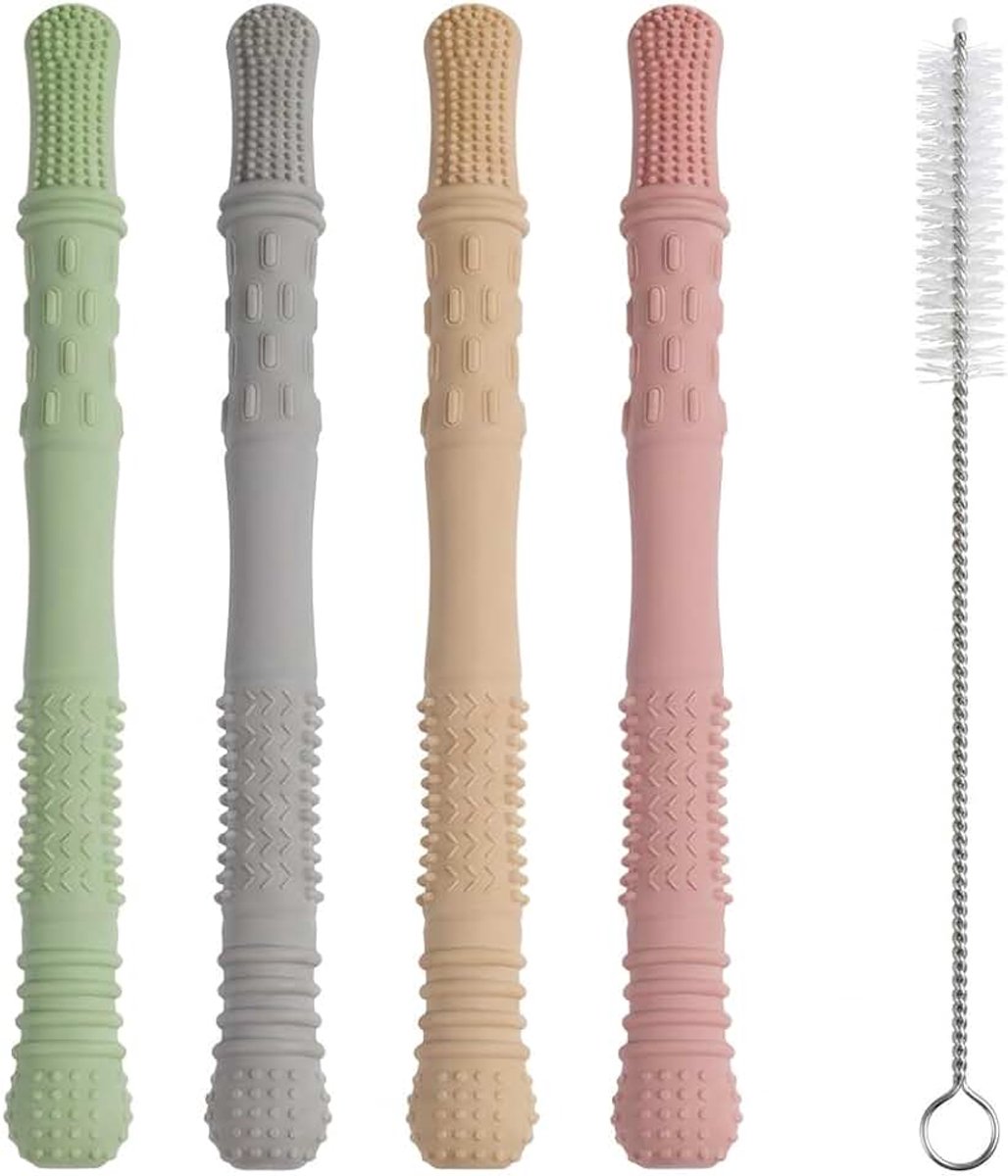 Set van 4 babybijtringen van PP en siliconen, zachte texturen, hol, gemakkelijk vast te pakken, inclusief stroborstel, veilig, duurzaam, geschikt voor kalmering bij het tanden