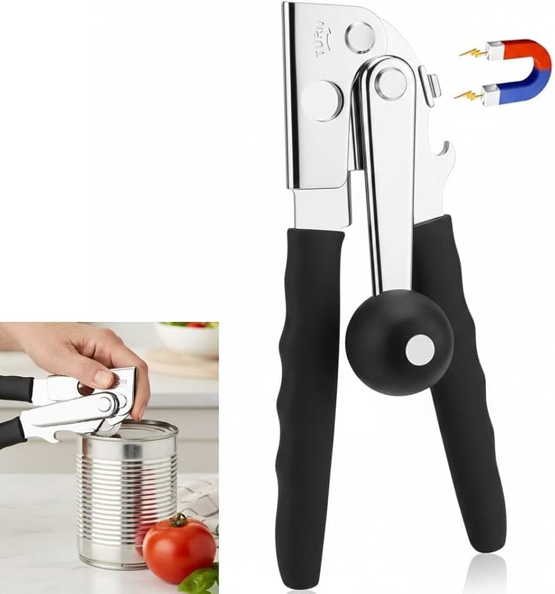 Handmatige kan-opener, blikopener zonder scherpe randen, handmatige boekopener van roestvrij staal, voor thuis, kantoor, bar, feest (zwart)