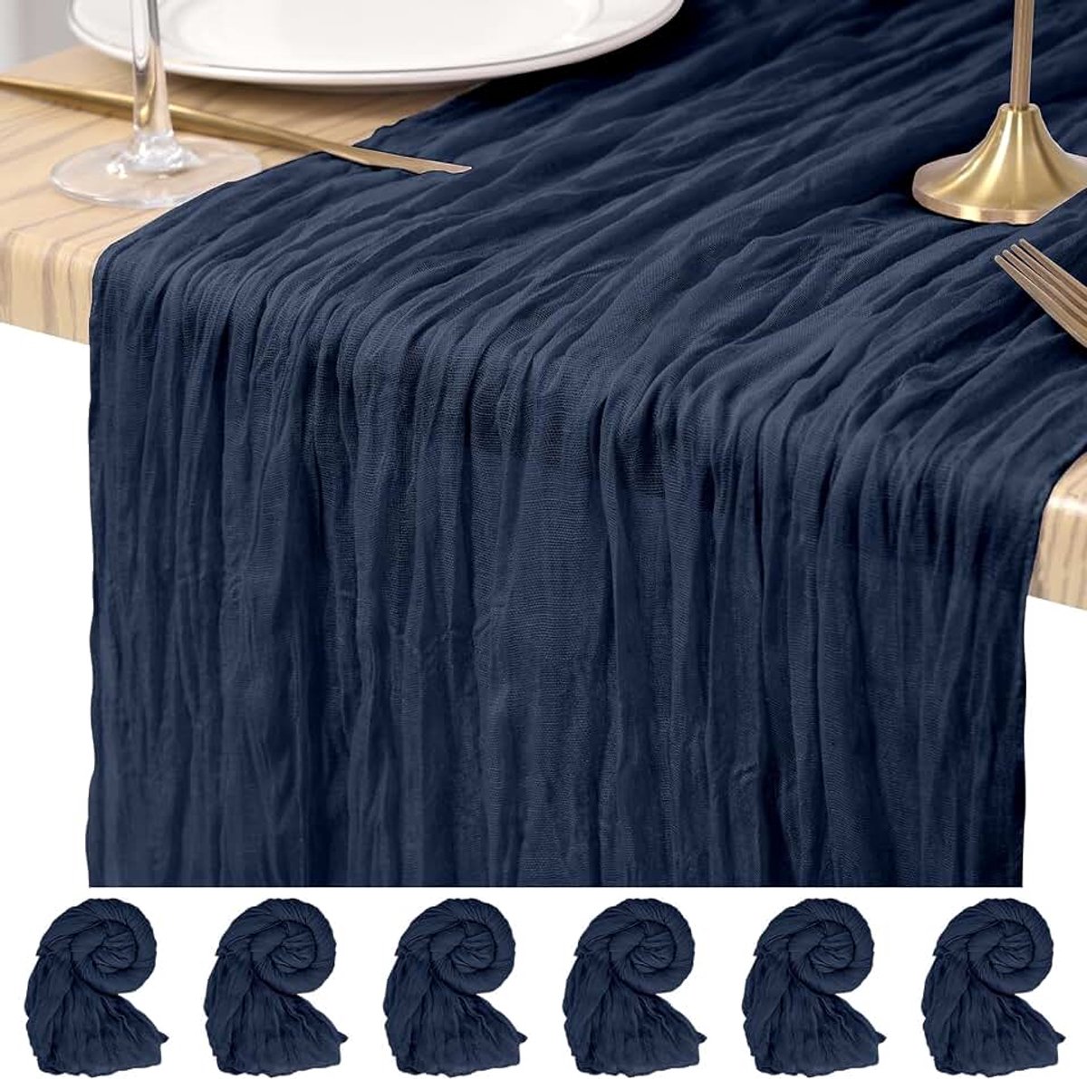 6 stuks Marineblauw kaasdoek tafelloper 45 x 275 cm, rustieke gaas stof tafelloper, romantisch sluier voor bruiloften, festivals, jubileum, diner, buitenfeesten